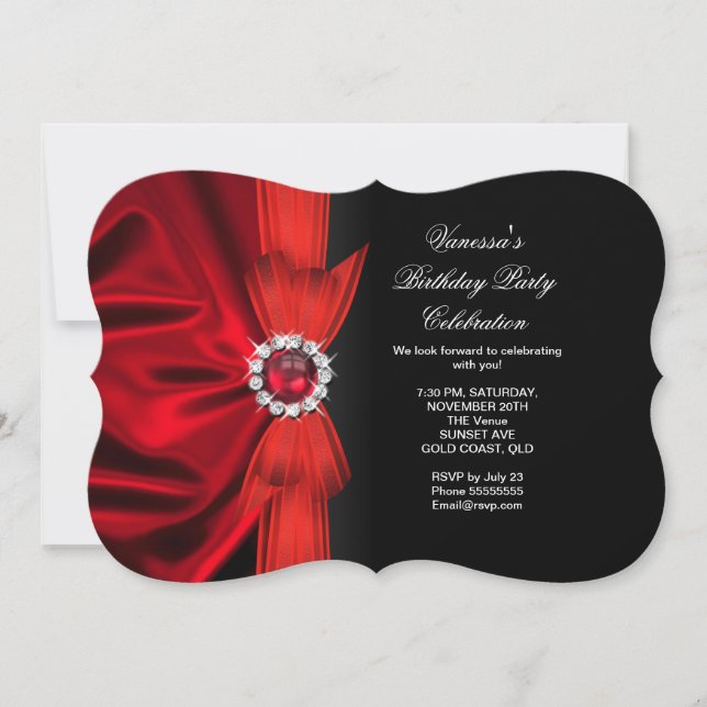 Invitation Élégante fête d'anniversaire Soie rouge profonde N (Devant)