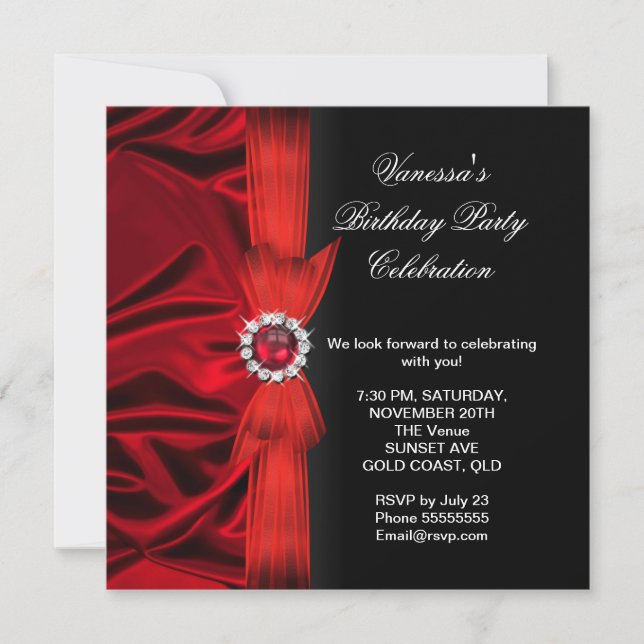 Invitation Élégante fête d'anniversaire Soie rouge profonde N (Devant)