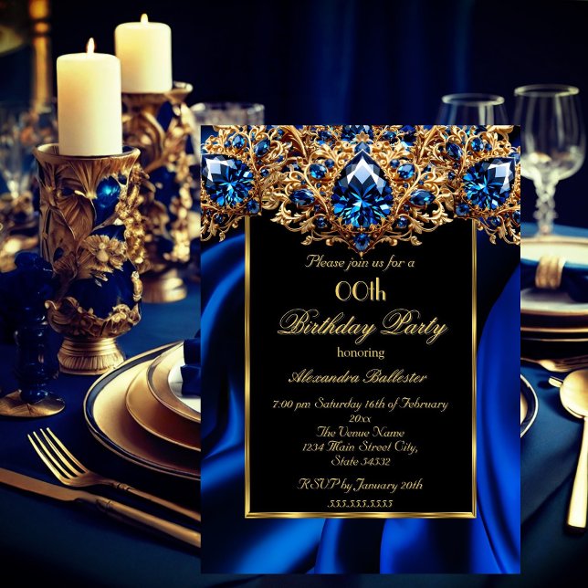Invitation Elégante fête d'anniversaire Soie Royal bleu bijou (Créateur téléchargé)