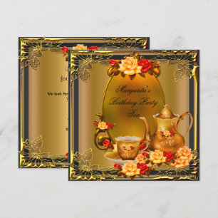 Invitation Elégante fête d'anniversaire Thé Vintage Rouge or 