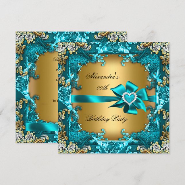 Invitation Élégante fête d'anniversaire Turquoise Blue Gold F (Devant / Derrière)