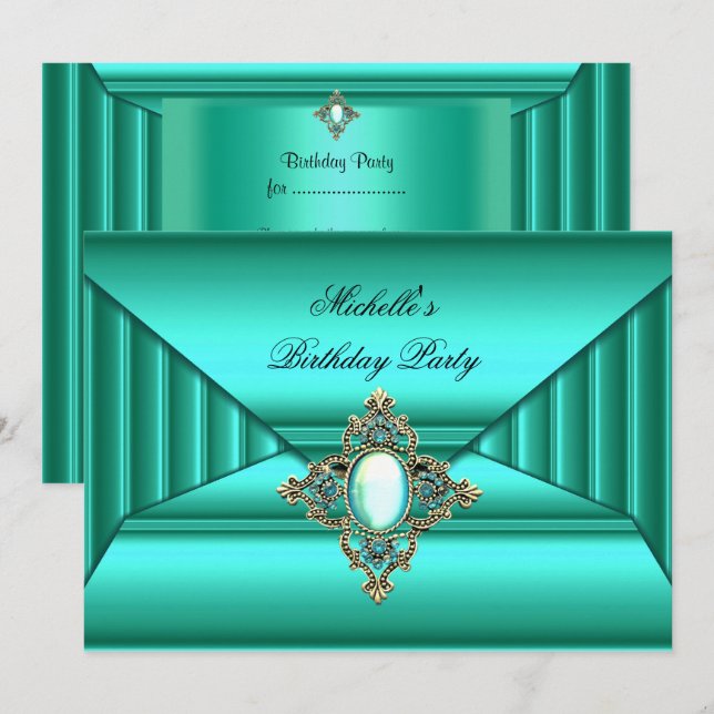 Invitation Élégante fête d'anniversaire Turquoise porte-bijou (Devant / Derrière)