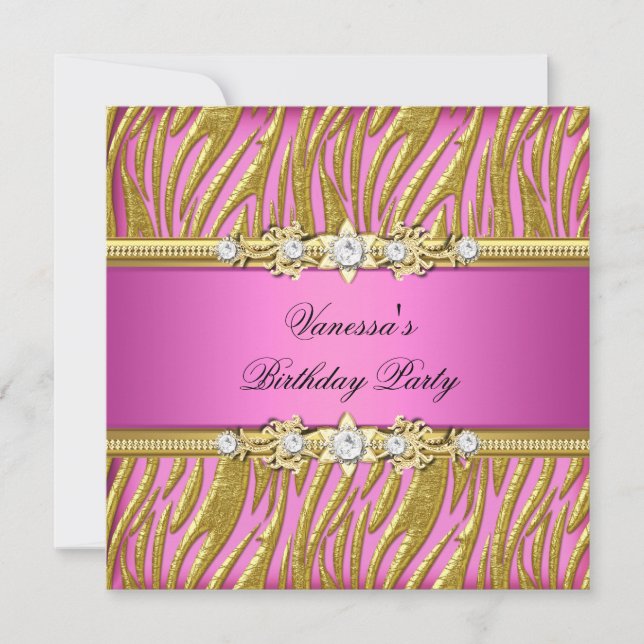 Invitation Elégante fête d'anniversaire Zebra Pink Gold (Devant)