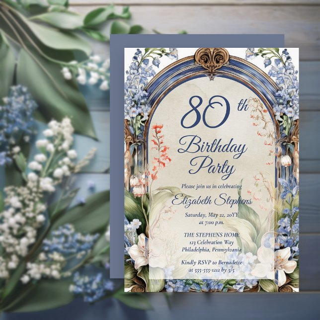 Invitation Elégante Fête de 80e Anniversaire baroque (Elegant Baroque Garden Floral Arch 80th Birthday Party Invitation - Print | Digital Download)