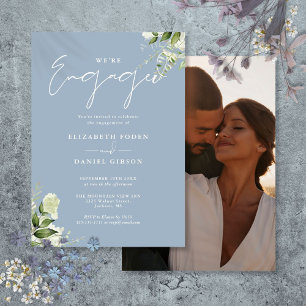 Invitation Élégante Fête de Fiançailles Photo Dusty Blue Flor