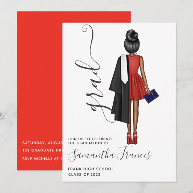 Invitation Élégante Fête de Graduation Rouge, Noir et Blanc (Devant / Derrière)