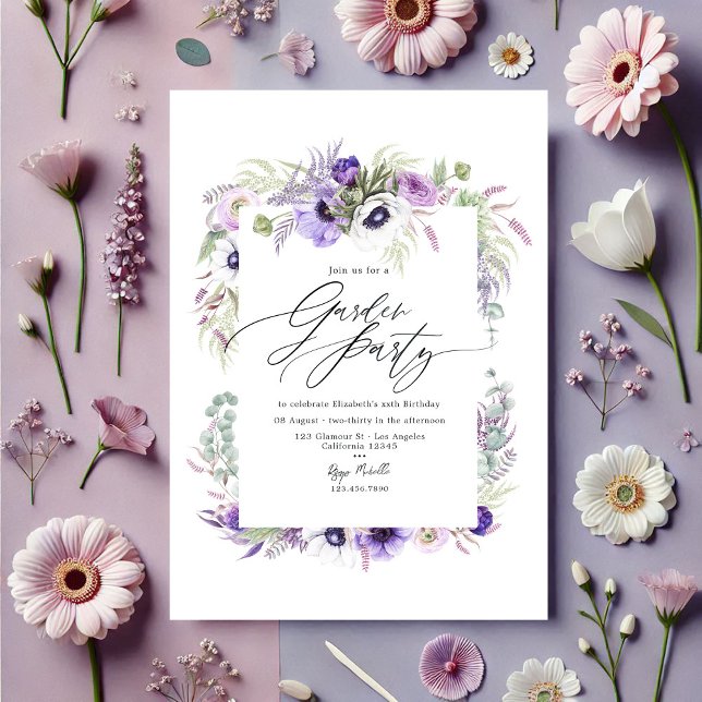 Invitation Élégante Fête de Jardin Florale Violette Poussiére (Elegant Dusty Violet Floral Garden Party Invitation)