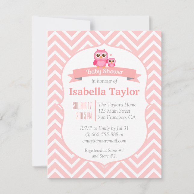Invitation Élégante fête de la chienne Chevron-Owl Baby Girl  (Devant)