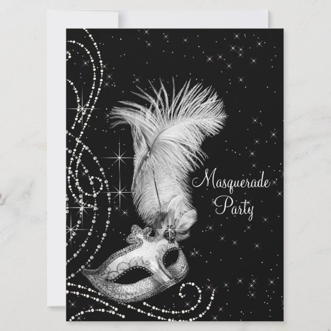 Invitation Élégante fête de mascarade noire blanche (Devant)