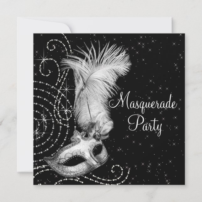 Invitation Élégante fête de mascarade noire et blanche (Devant)