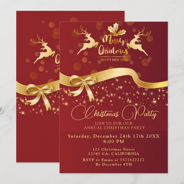 Invitation Élégante fête de Noël Black Gold Parties scintilla (Devant / Derrière)