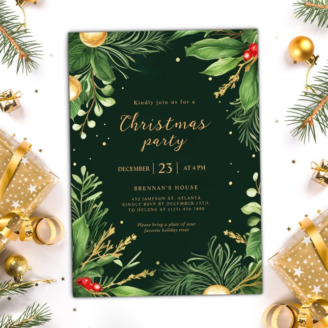 Invitation Élégante fête de Noël botanique de vacances vertes (Elegant Holiday Greenery Botanical Christmas Party Invitation)