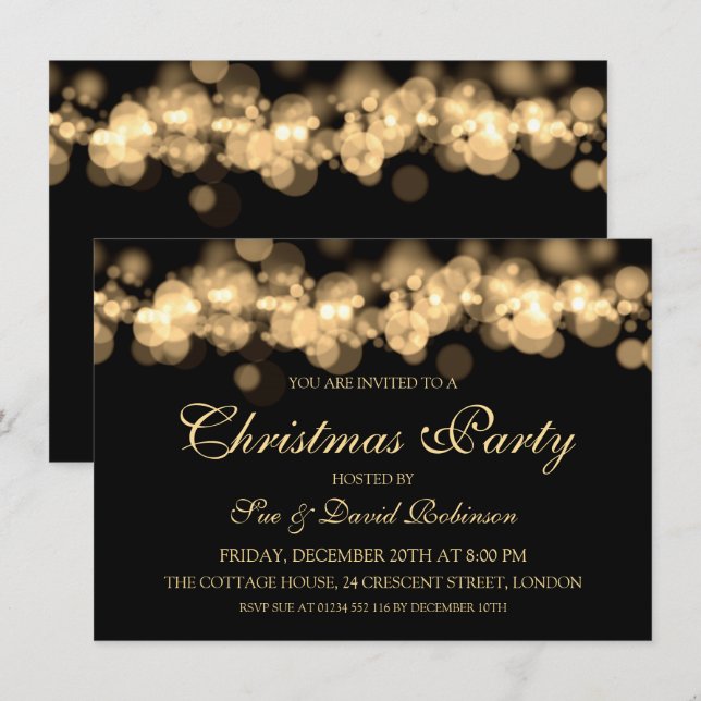 Invitation Élégante fête de Noël Gold Bokeh Lumières (Devant / Derrière)
