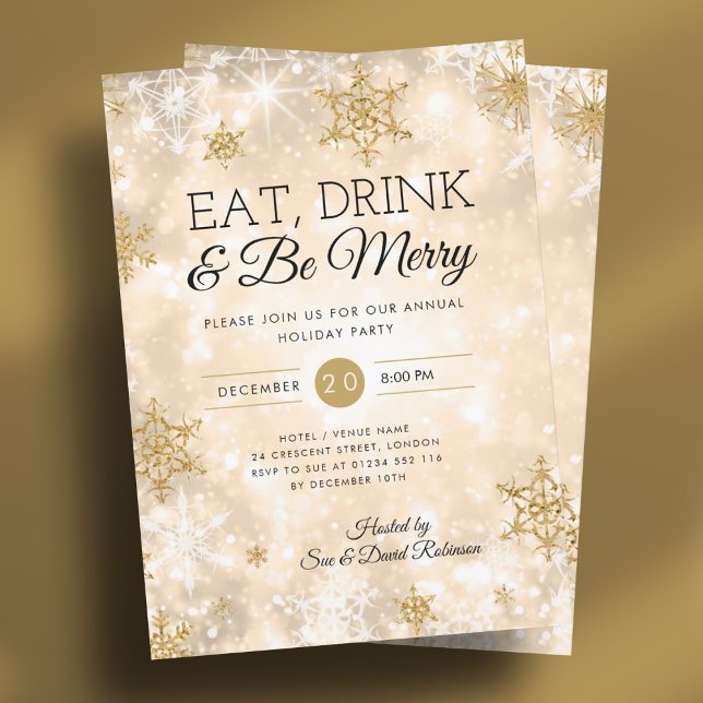 Invitation Élégante fête de Noël Gold "Mange & Boisson" (Elegant "Eat & Drink" Gold Holiday Christmas Party Invitation)