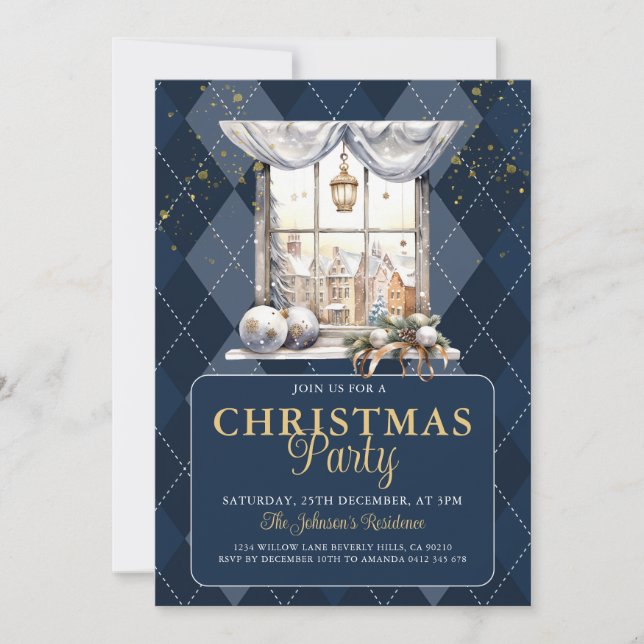 Invitation Élégante fête de Noël Marine Plaid Gold Parties sc (Devant)