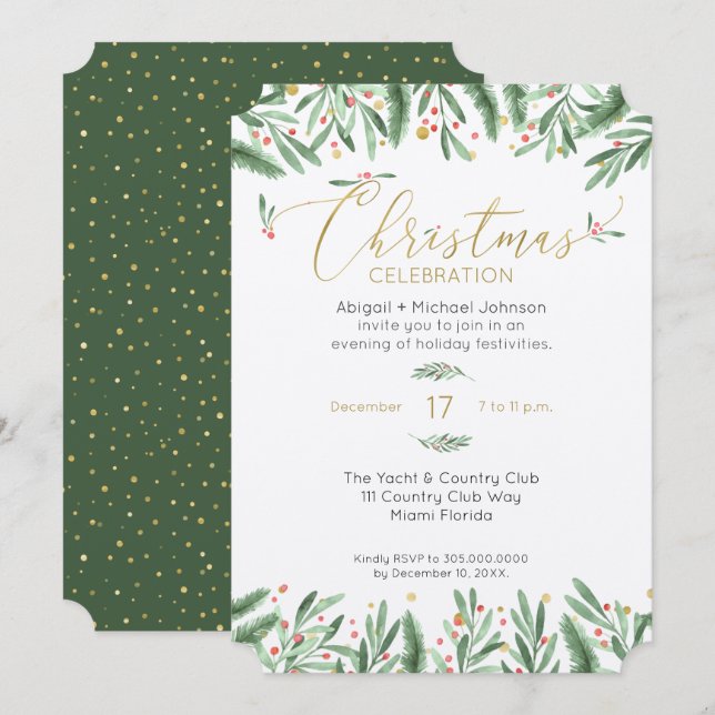 Invitation Élégante fête de Noël verte, rouge et or (Devant / Derrière)