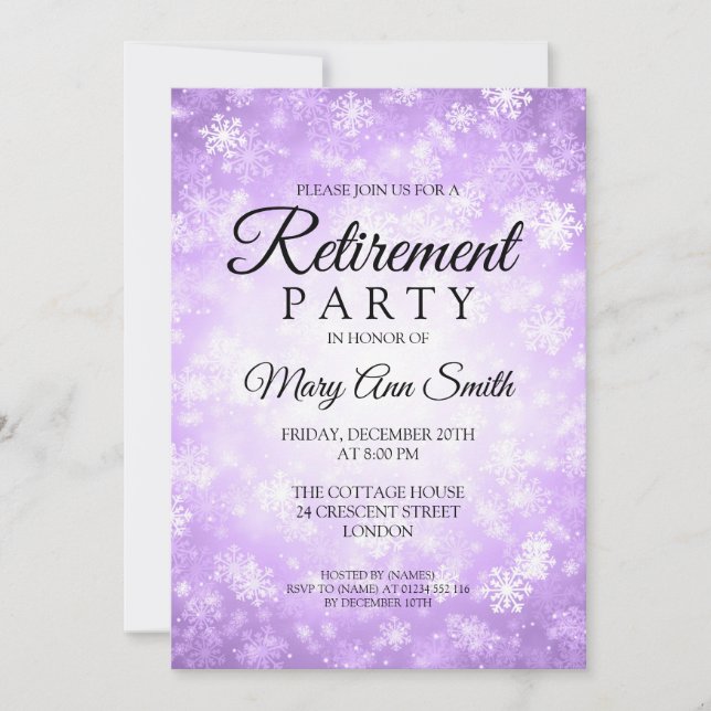 Invitation Élégante fête de retraite Purple Winter Wonderland (Devant)