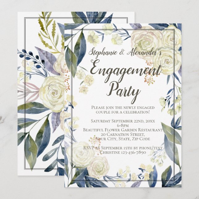 Invitation Élégante fête d'engagement de la Fleur d'aquarelle (Devant / Derrière)