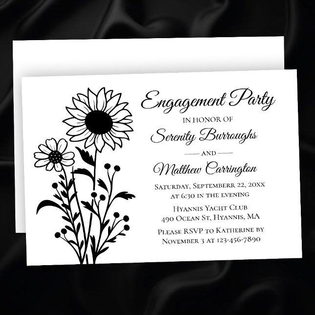 Invitation Élégante fête d'engagement floral noir blanc (Créateur téléchargé)