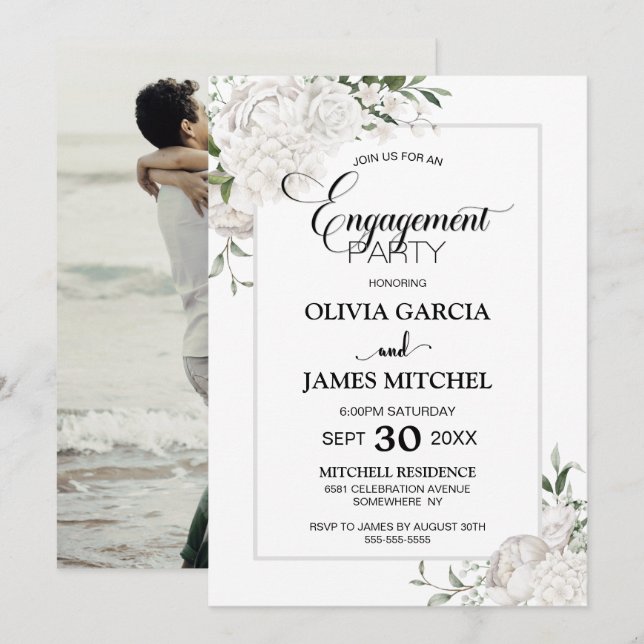 Invitation Élégante fête d'engagement photo florale blanche (Devant / Derrière)