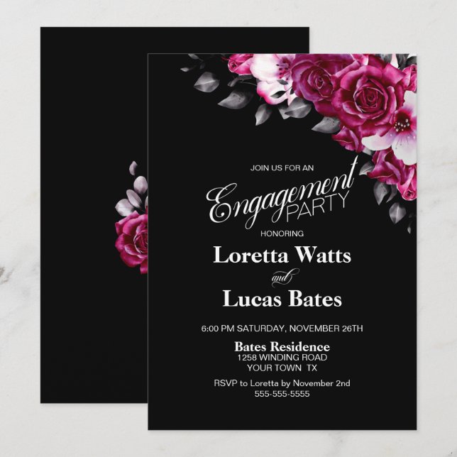 Invitation Élégante fête d'engagement rose floral noir (Devant / Derrière)