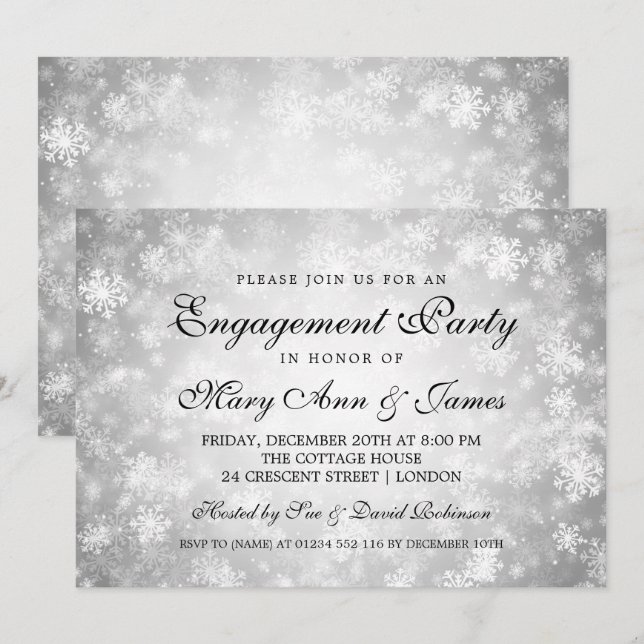 Invitation Élégante fête d'engagement Winter Wonderland Silve (Devant / Derrière)