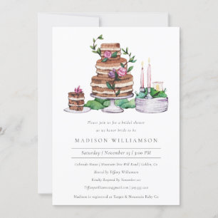 Invitation Elégante Fête des mariées Aquarelle Gâteau et Fleu