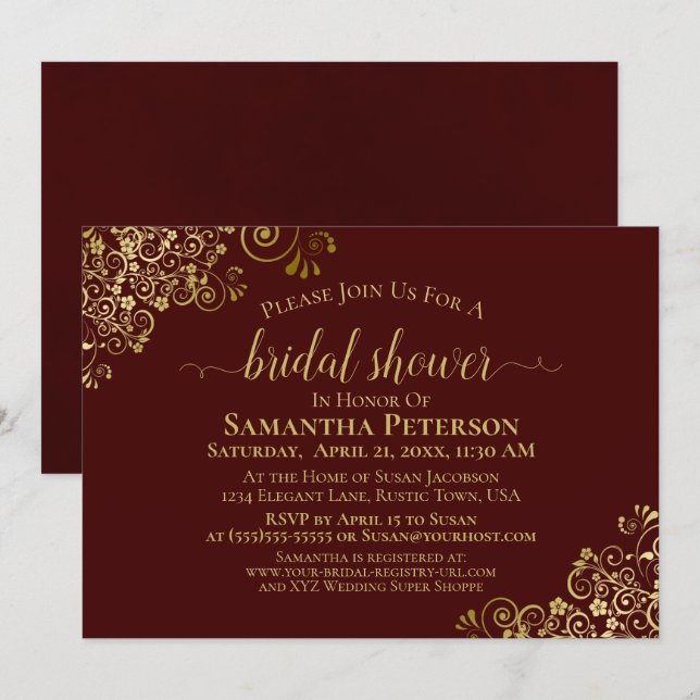 Invitation Elégante Fête des mariées Auburn & Gold Lace Frill (Devant / Derrière)