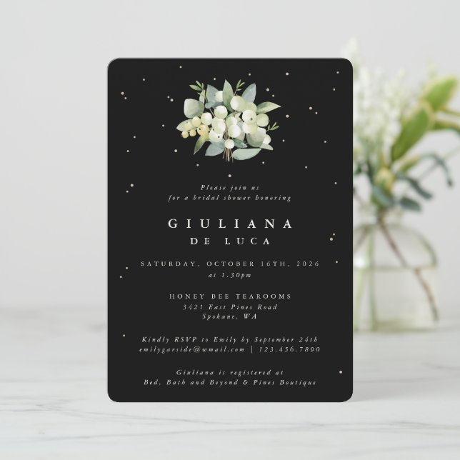 Invitation Elégante Fête des mariées Black Snowberry+Eucalypt (Debout devant)