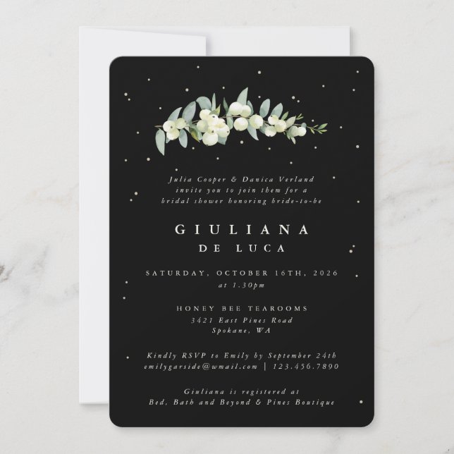 Invitation Elégante Fête des mariées Black Snowberry+Eucalypt (Devant)