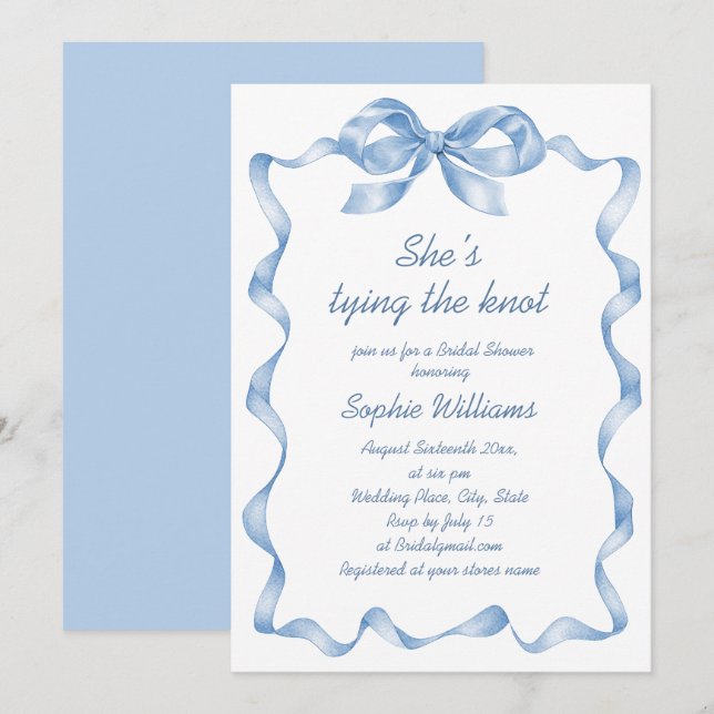 Invitation Elégante Fête des mariées bleu Dusty main tirée Bo (Devant / Derrière)