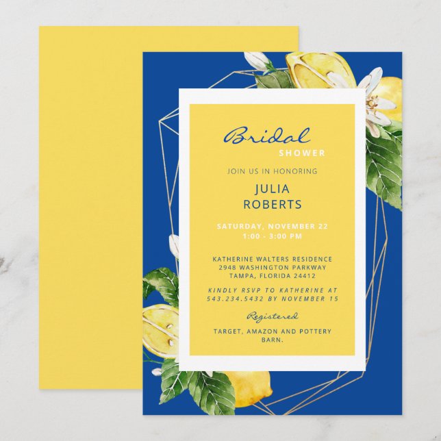 Invitation Elégante Fête des mariées Bleue et Jaune Méditerra (Devant / Derrière)