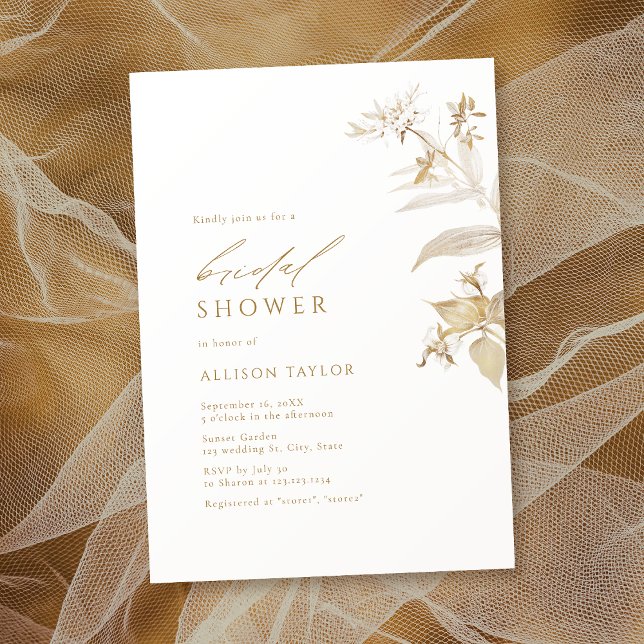 Invitation Élégante Fête des mariées botanique moderne or (Elegant Modern Gold Botanical Floral Bridal Shower Invitation)