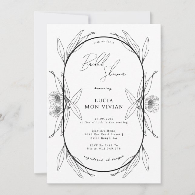 Invitation Elégante Fête des mariées capsule florale noire et (Devant)