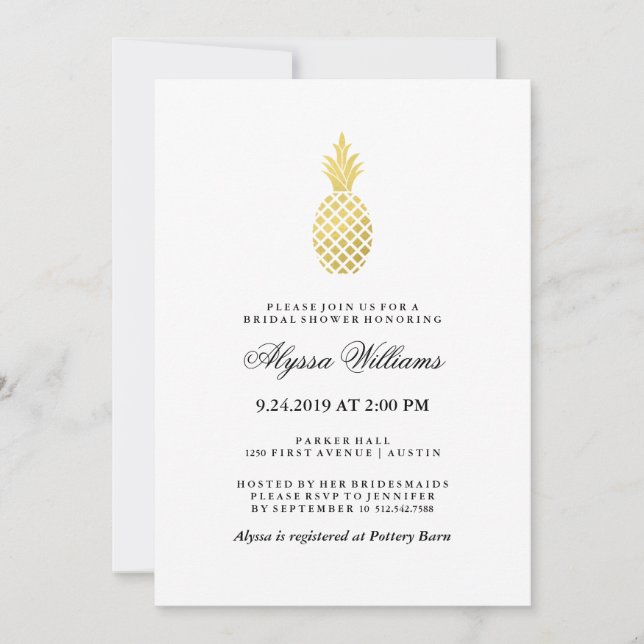 Invitation Élégante Fête des mariées d'ananas en or (Devant)