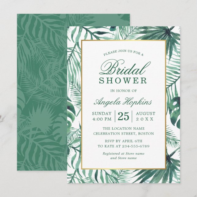 Invitation Elégante Fête des mariées d'aquarelle Feuille trop (Devant / Derrière)