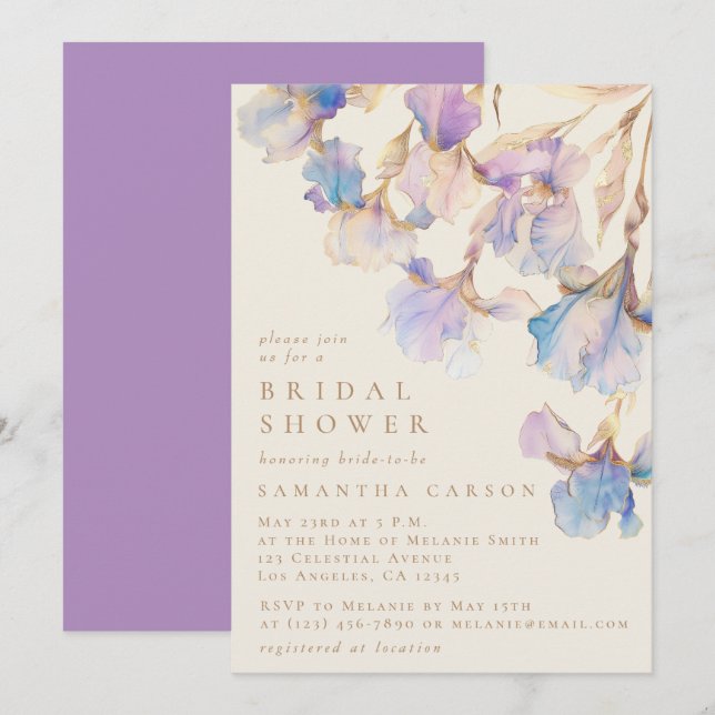 Invitation Elégante Fête des mariées d'aquarelle florale Iris (Devant / Derrière)