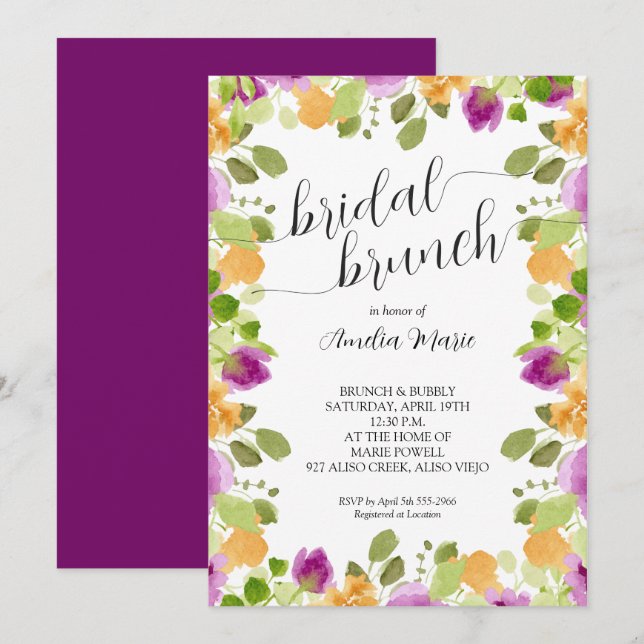 Invitation Elégante Fête des mariées d'aquarelle florale viol (Devant / Derrière)