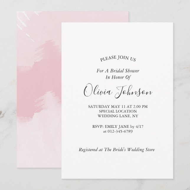 Invitation Elégante Fête des mariées d'aquarelle rose pâle (Devant / Derrière)