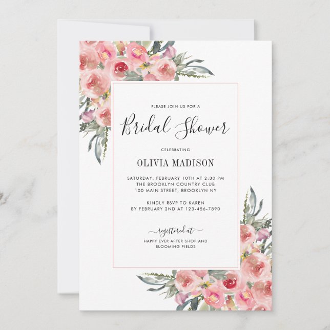 Invitation Elégante Fête des mariées d'aquarelle rose pâle (Devant)