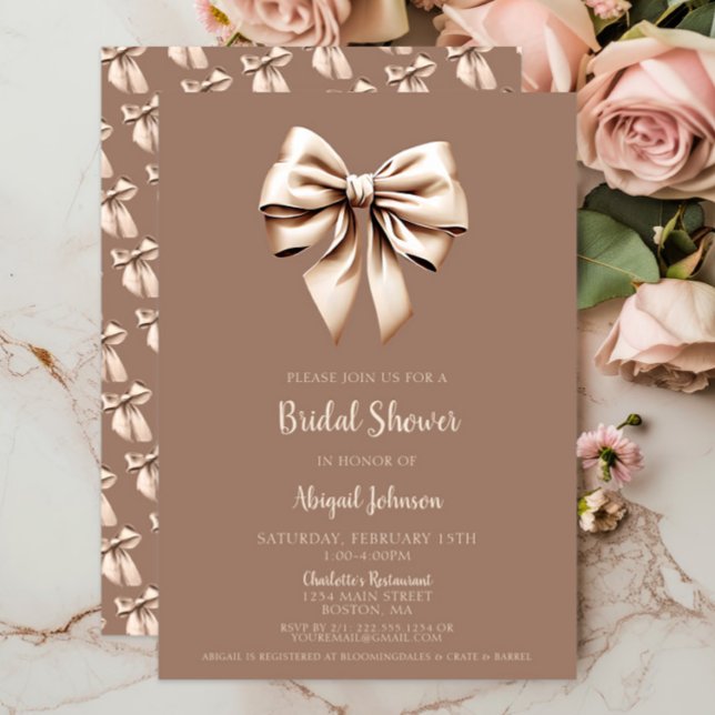 Invitation Élégante Fête des mariées de boîte de coquette Bro (Brown Cream Coquette Bow Bridal Shower Invitation, Elegant Wedding Shower, Modern, Mocha, Script )