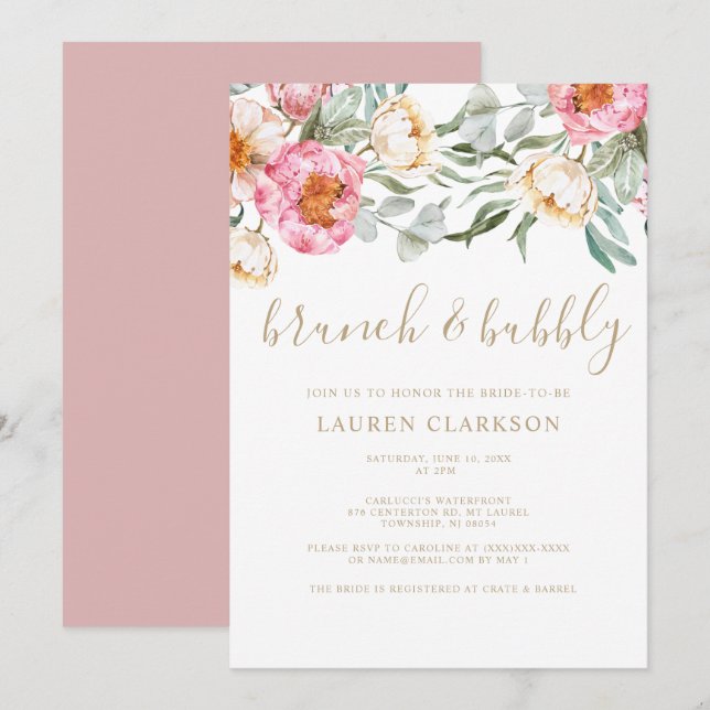Invitation Elégante Fête des mariées de Brunch Floral Rose (Devant / Derrière)