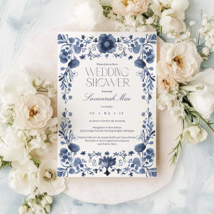 Invitation Elégante Fête des mariées de cadre Floral Bleu
