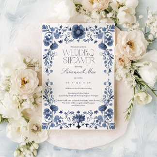 Invitation Elégante Fête des mariées de cadre Floral Bleu