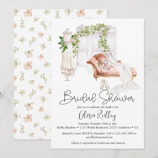Invitation Élégante Fête des mariées de chambre de la mariée  (Devant / Derrière)
