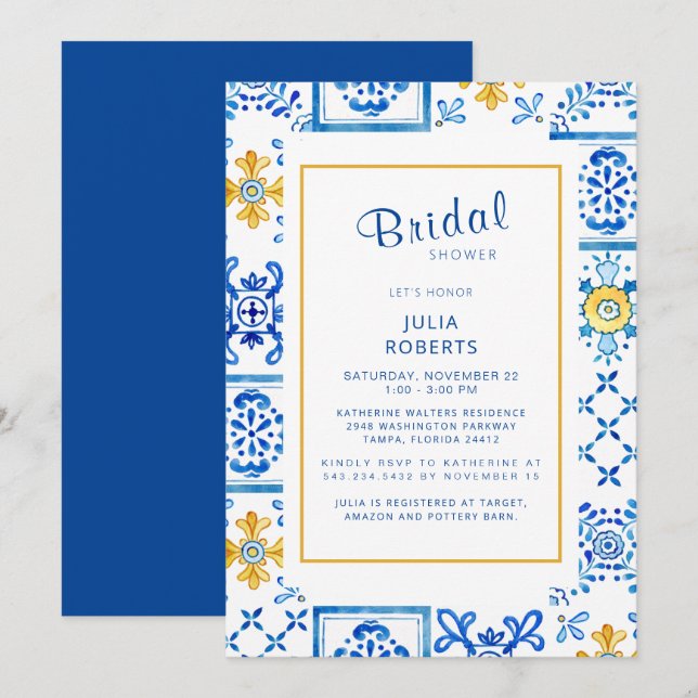 Invitation Elégante Fête des mariées De Cobalt En Carrelage M (Devant / Derrière)