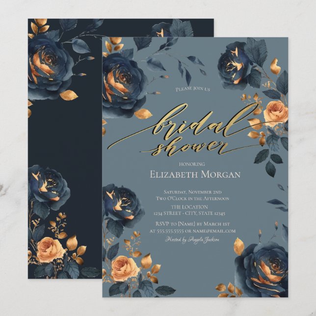 Invitation Élégante Fête des mariées de fleurs bleu or de la  (Devant / Derrière)