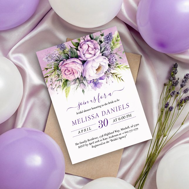 Invitation Elégante Fête des mariées de fleurs de jardin viol (Elegant Purple & Pink Garden Flowers Bridal Shower Invitation)