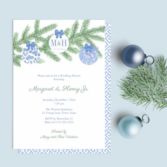 Invitation Élégante Fête des mariées de la couche de monogram (Refined Blue And White Hand Painted Ornaments Fir Tree Holidays Co-Ed Wedding Shower Or Engagement)