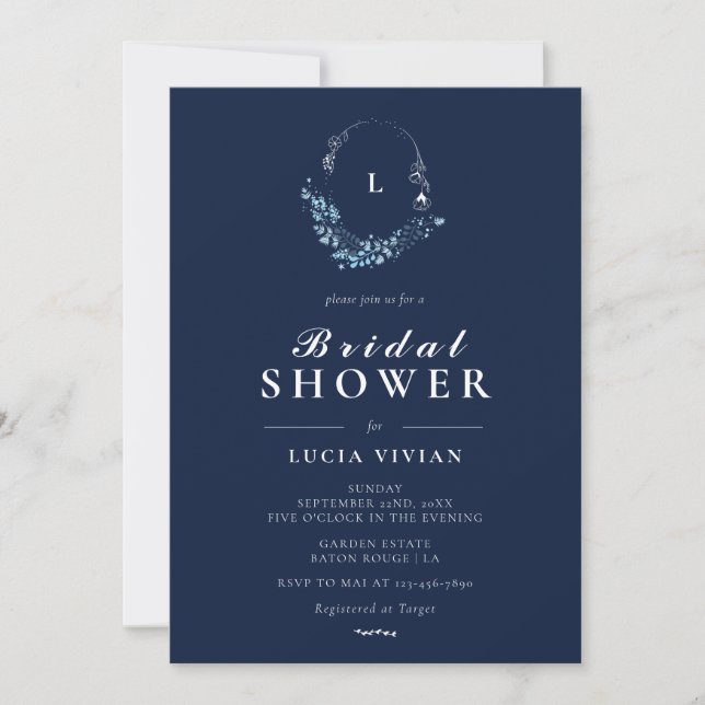 Invitation Élégante Fête des mariées de monogramme bleu marin (Devant)